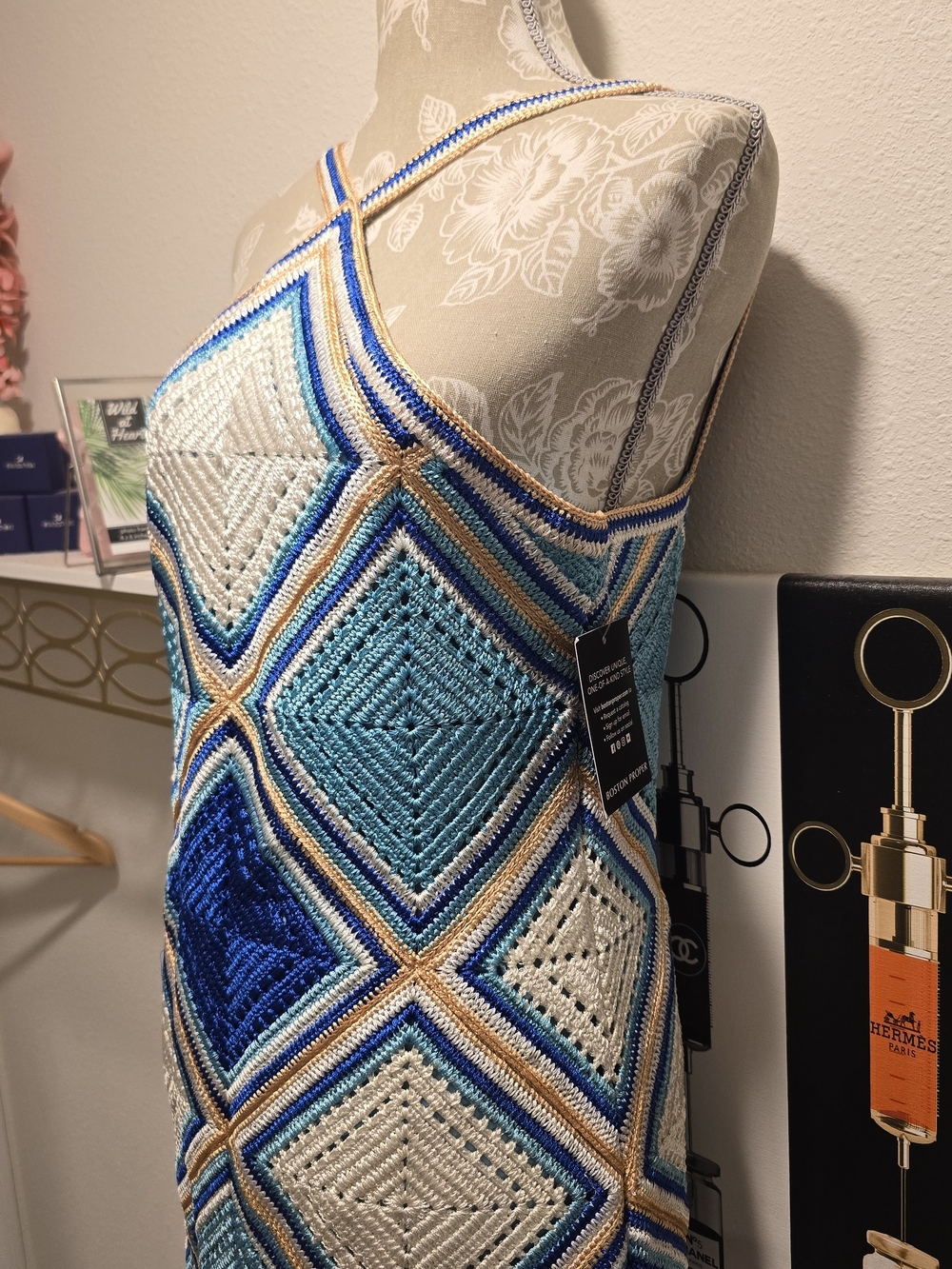 Boston Proper Midi Blue & Cream Crochet Dress with Fringe - Picture 3 of 13